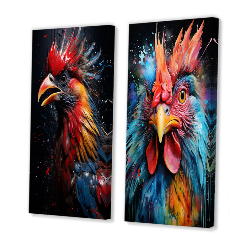 «Blue Rooster Choster Portrait I», ensemble de 2 coq, H 28 po x l 25 po, Toile tendue