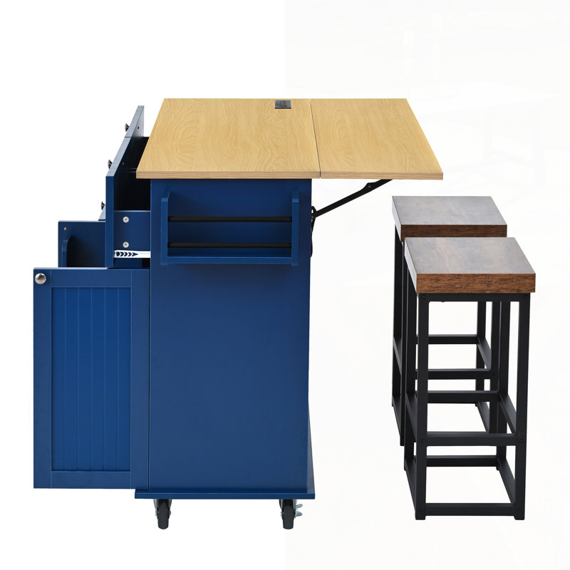 Farmhouse Kitchen Island With Drop Leaf And 2 Seatings, Storage Cabinet, Drawers, Door Shelves, And Power Outlet, Blue