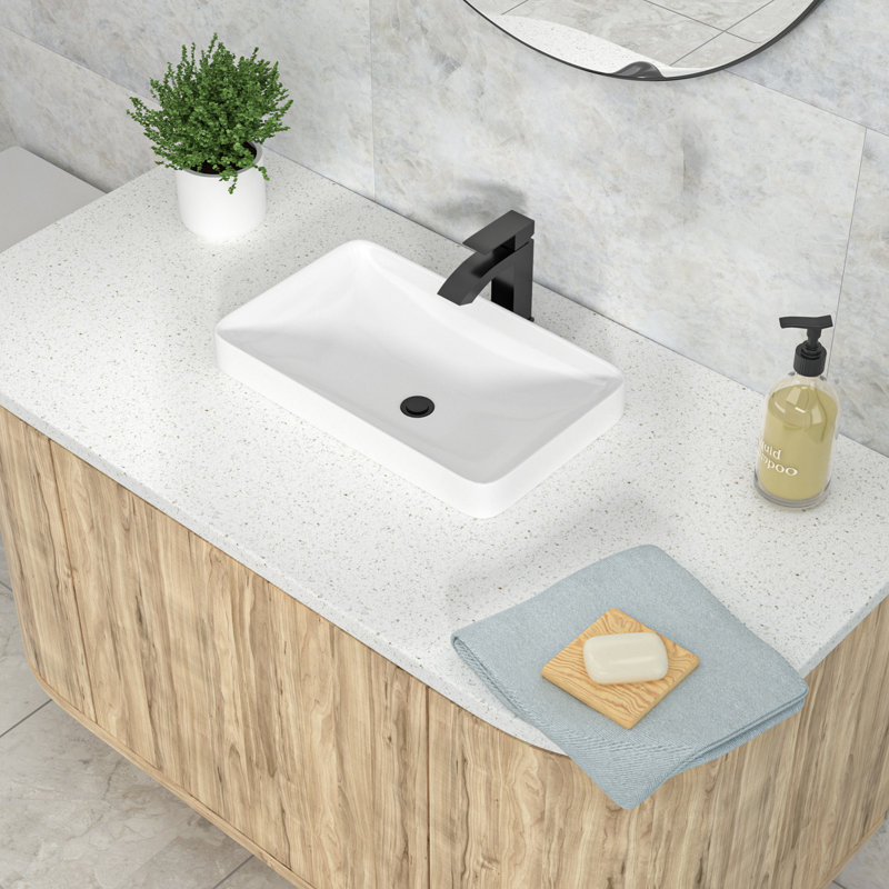 19" x 12" White Ceramic Semi-Recessed Bathroom Sink, Rectangular Drop-In/Vessel Vanity Basin with 1.75" Standard Drain, Modern Semi-Inset Lavatory Sink for Bathroom, Easy to Clean