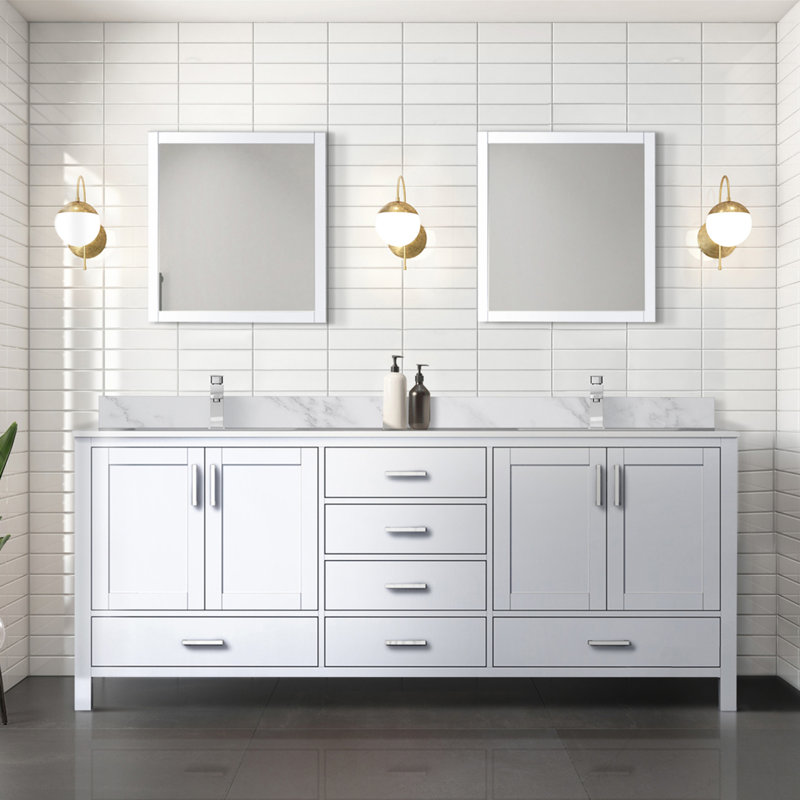 Meuble-lavabo double blanc 80 po X P 22 po D, avec plateau en marbre de Carrare, Blanc