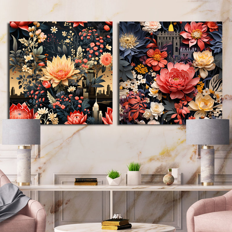 Ensemble de 2 collages carrés floraux Sara, H 36 po x l 73 po, Toile tendue