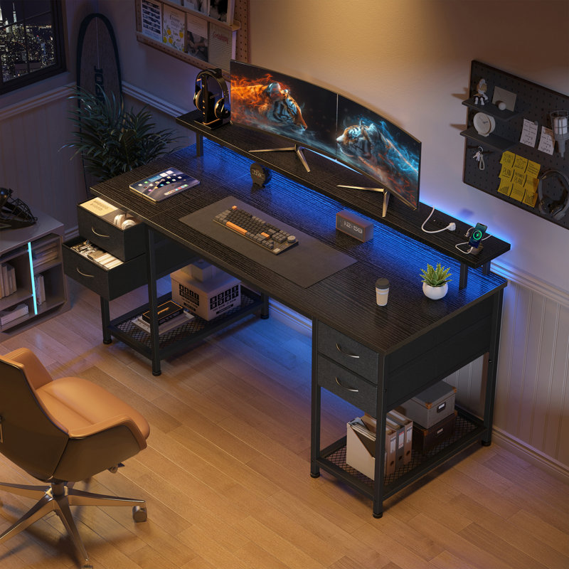 47"W Computer Desk With Charging Station & Led Lights,Office Desk With 4 Fabric Drawers & 2 Storage Shelves, Black/Black