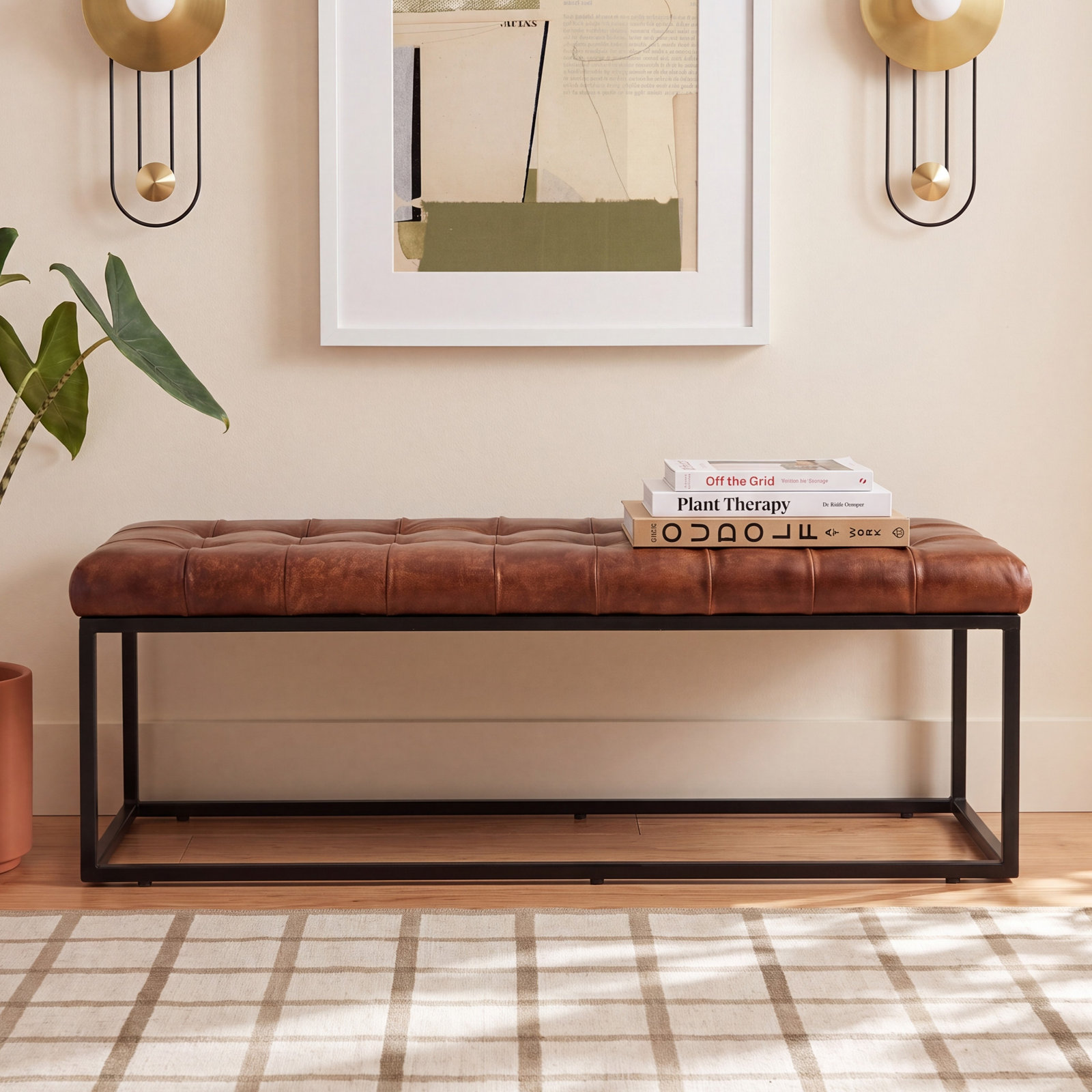 Pearson Genuine Leather Bedroom Bench, Saddle Top Grain Leather, 17.5" H x 55" W x 17" D