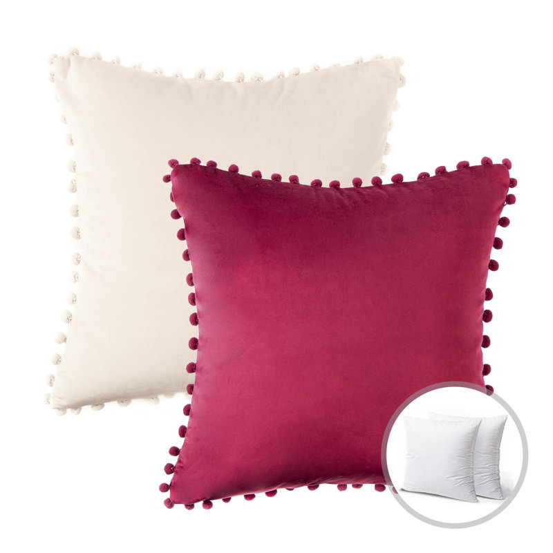 Coussin décoratif en velours bicolore avec garniture de pompons, 22 po x 22 po, Offwhite + Light Green