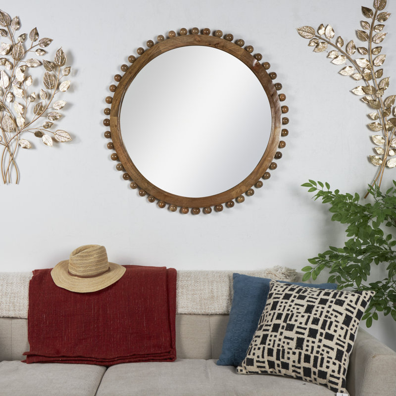 Miroir mural doré en bois de manguier avec détails perlés, 35 po x 2 po x 35 po, Brun