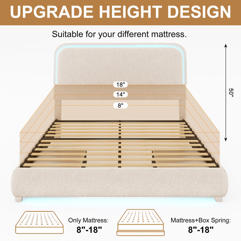 Cream Full LED Platform Bed Frame with Boucle Upholstered Headboard and Storage Drawers