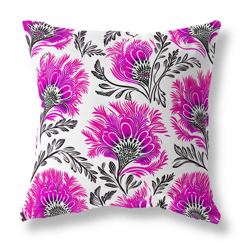 Coussin décoratif intérieur / extérieur Whimsical Wilds, H 20 po x l 20 po, Blanc / rose vif