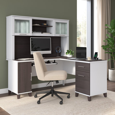 Paelynn 60” L-Shaped Desk with Hutch and Storage, Corner Computer Desk, Modern Wood, Storm Gray and White