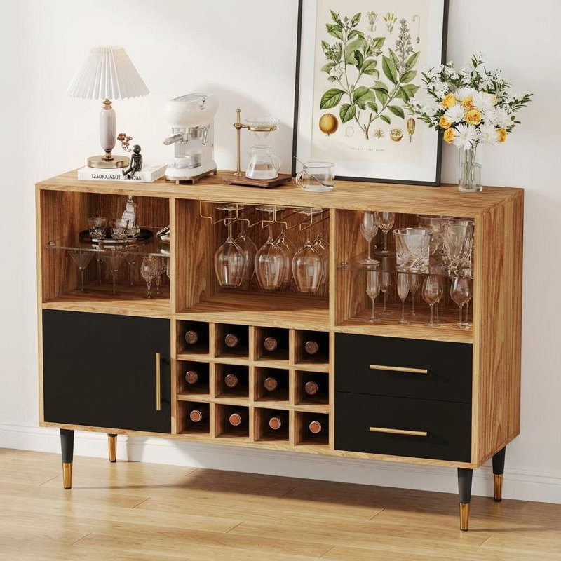 47" Wine Bar Cabinet with LED Lights & Charging Station - Modern Wood Coffee Bar with Storage, Sideboard Buffet Cabinet for Living Room, Dining Room, Apartments - Wood