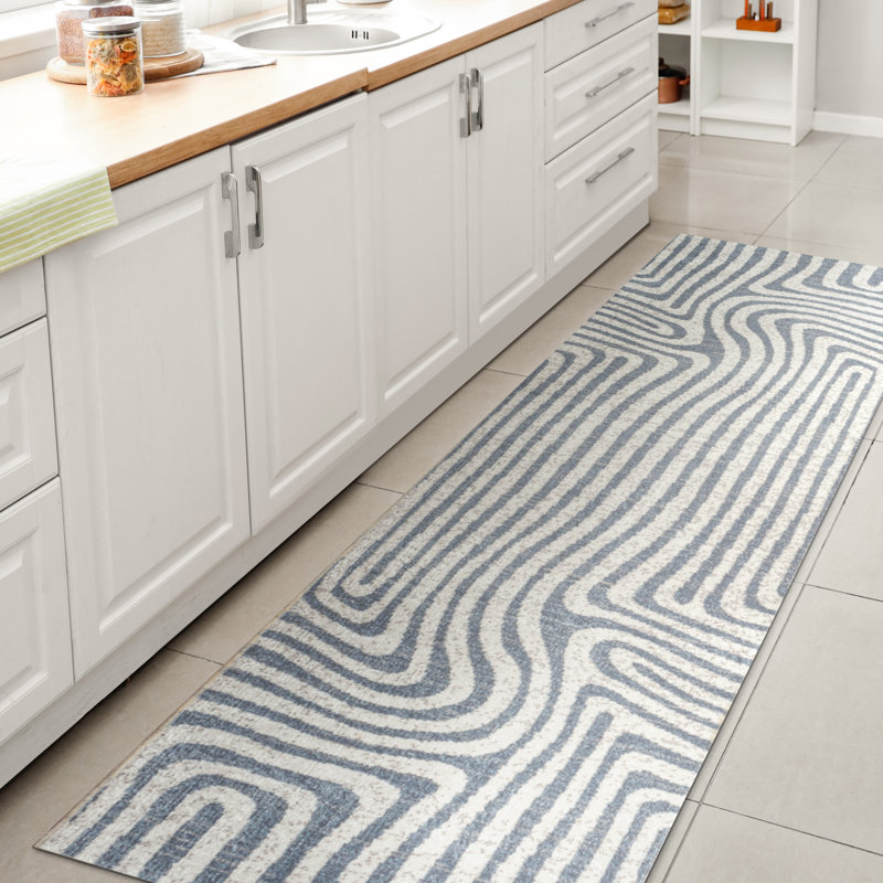 Jossa Abstract Two-Tone Low-Pile Machine-Washable Blue/Cream Rug, Runner 2' x 7'10"