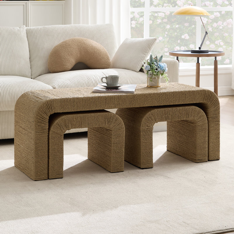 Boho Rope Coffee Table Set with Ottoman, Brown