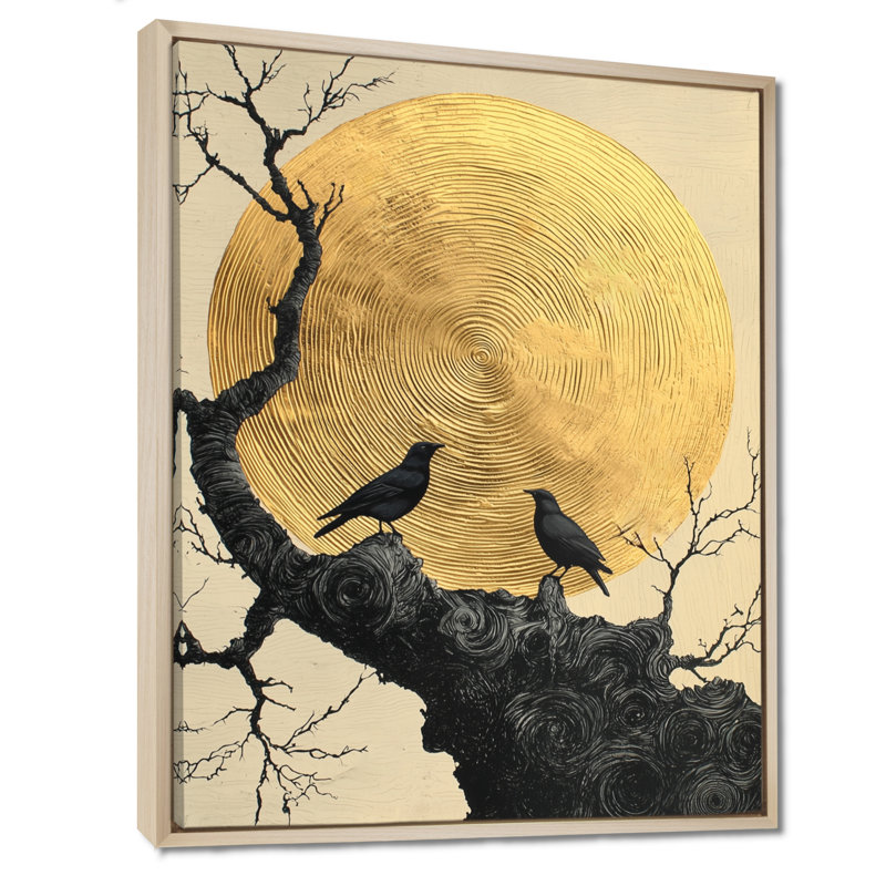 «Gothic Crow Under A Golden Moon I», art mural encadré, H 40 po x l 30 po, Reproduction avec cadre flottant, Crème, crème