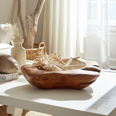 Bol décoratif en bois de teck avec intérieur en nacre - Bol moderne pour une décoration intérieure élégante - Pièce décorative idéale pour une table basse - 30 cm, brun/blanc