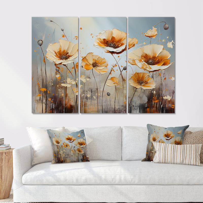 «Yellow and Grey Poppies Spatula Art», ensemble d'art mural sur toile Flower Field, H 28 po x l 36 po x P 1 po