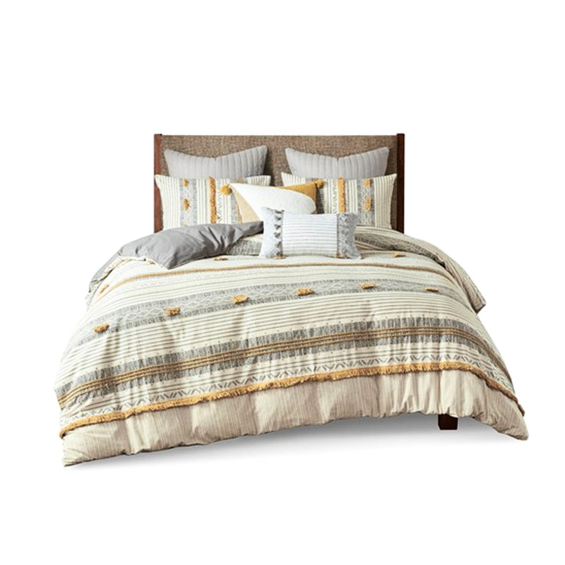 100% Cotton Duvet Cover For King/ King With And Grey/yellow Stripe Breathable Fabric Grey Yellow Bedding Button Closure