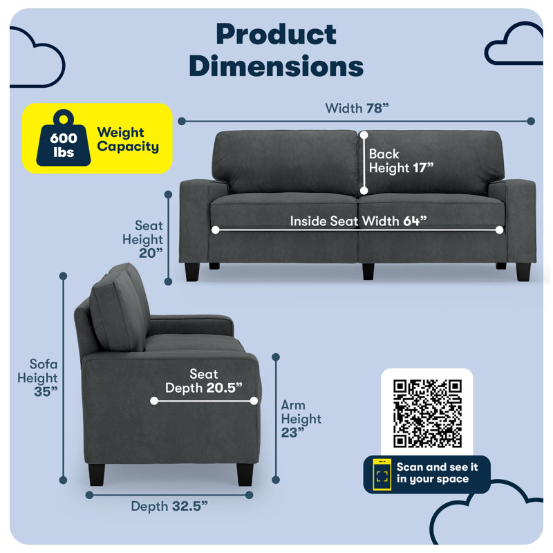 Serta Palisades Track Arm Sofa, Easy Care Fabric, Soft Pillow Back, Pocket Coil Seat Cushions, 78", Charcoal Microsuede