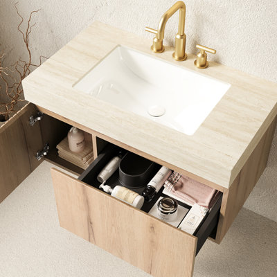 Lavabo de meuble-lavabo 36 po, pierre frittée, armoire en contreplaqué avec tiroir et porte, lavabo en céramique 3 trous de robinet, pré-assemblé, preuve, chêne blanc, amortisseur flottant à fermeture en douceur, finition à l'eau,