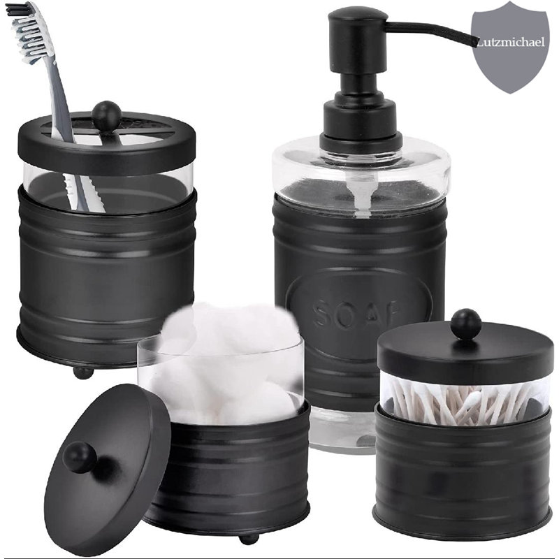 Rustic Farmhouse Galvanized Bathroom Accessory Set – 4 Piece Metal Vanity Set with Soap Dispenser, Toothbrush Holder, Cotton Jar & Toilet Brush Holder