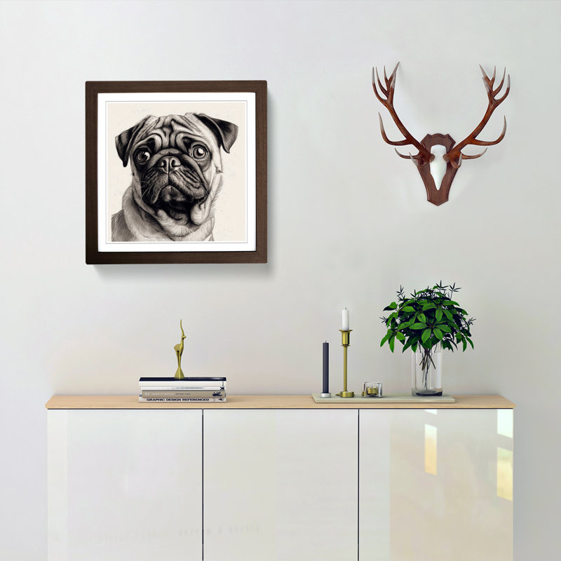 Pug Drawing No.2 - Single Picture Frame Print on Wood, Walnut