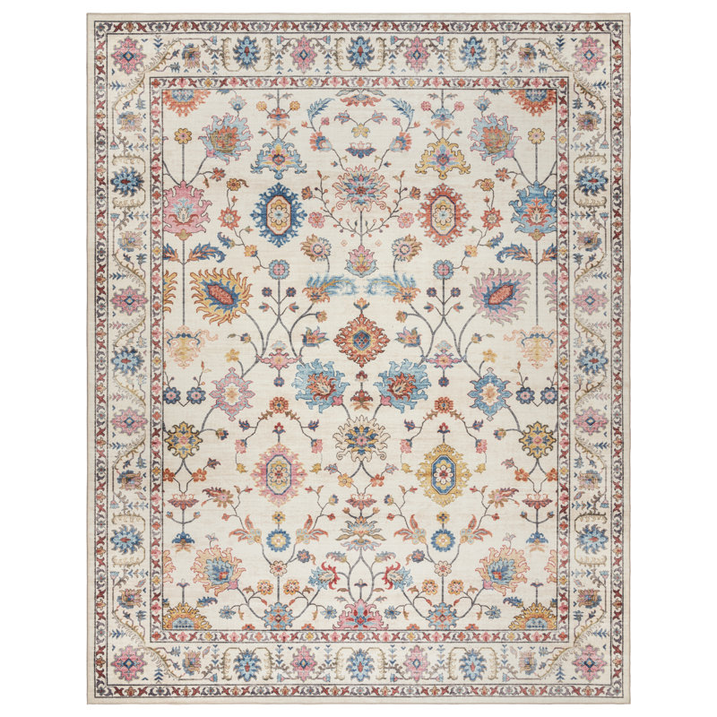 Samira Cream Pink Multi Indoor Area Rug, Transitional Flat Pile for Living Room & Bedroom- Cream, 5x7, Rectangle 5' x 7'
