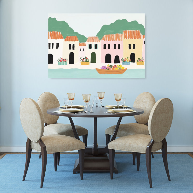 «Colorful Coastal Village», impression d'art contemporain abstrait, H 32 po x l 48 po