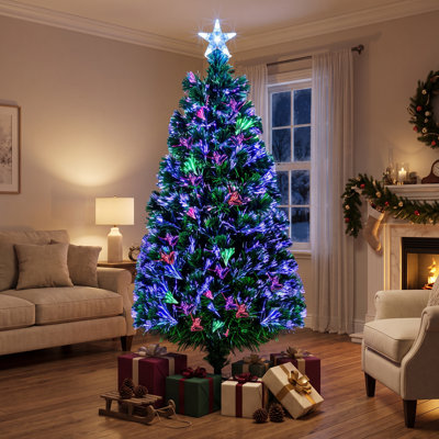 Sapin de Noël artificiel vert en fibre optique de 1,80 m avec étoile et support en métal