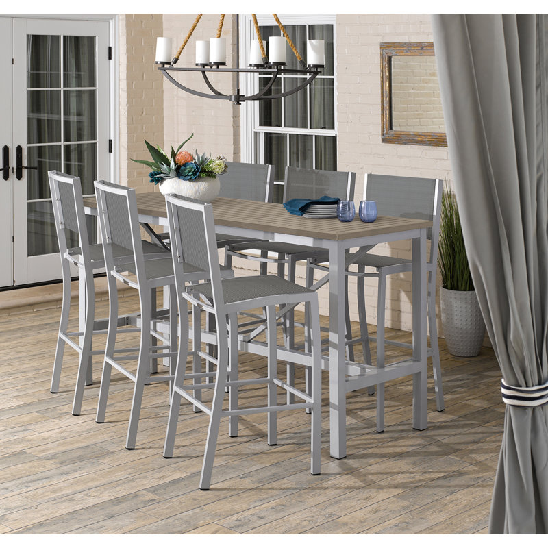 Travira 7-Piece Bar Table and Sling Bar Chair Rectangular Dining Set - 72"x30", Titanium Basketweave, Silver/Light brown