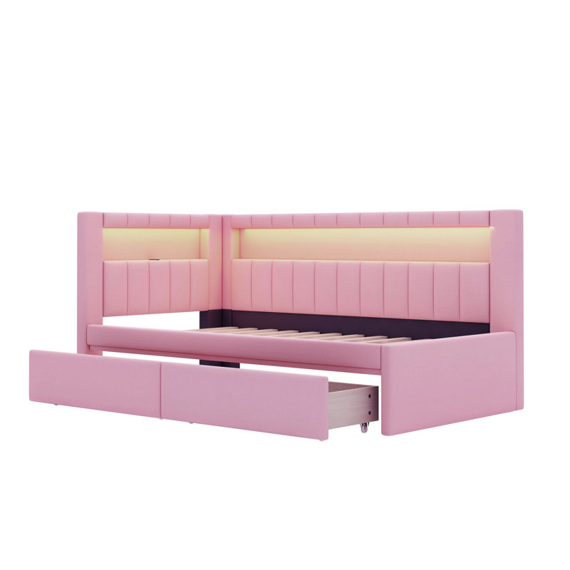 Upholstered Twin Size Platform Bed with USB Ports and LED Belt, With 2 Drawers, Pink