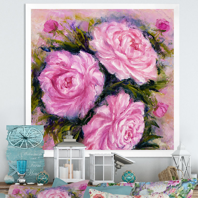 Bouquet de pivoines roses - œuvre d'art sur toile, H 16 po x l 16 po x P 1 po, Impression blanche sur toile encadrée