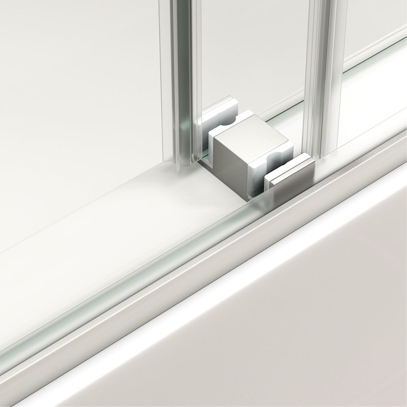Porte de douche coulissante à double dérivation en nickel brossé de 55 po à 60 po de largeur, facile à installer, conception imperméable, coin, rail en forme de L à l'épreuve des nano, conception