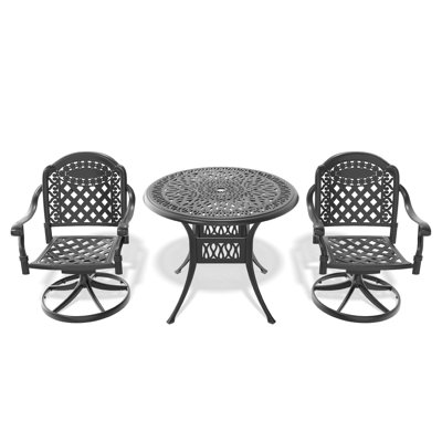 Ensemble de salle à manger 3 pièces en aluminium coulé toutes saisons comprenant 2 chaises pivotantes et une table ronde de 35,43 po avec structure noire