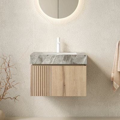 Meuble-lavabo 24 po, armoire de rangement en contreplaqué flottant avec 2 portes, comptoir en pierre frittée gris clair et lavabo en céramique avec 1 trou de robinet pré-percé, pré-assemblé, couleur grain de bois de chêne blanc