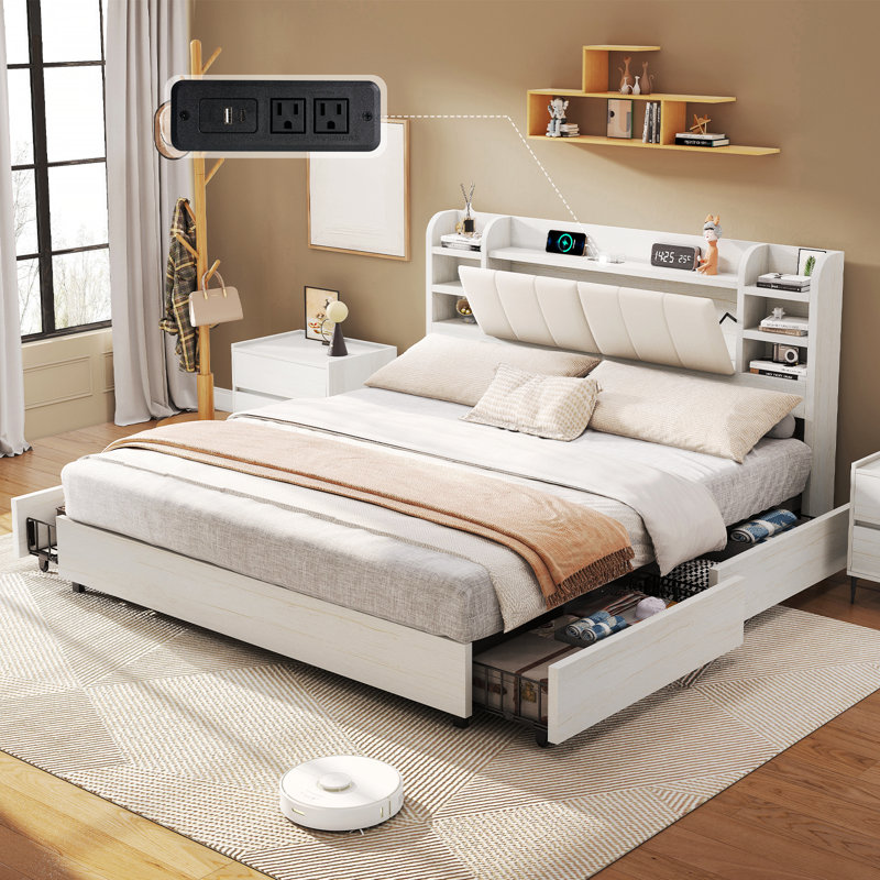 Revan Ebern Designs Bed Frame With Headboard, Platform Bed Frame With 4 Storage Drawers & Hidden Storage, Bookcase Bed Frame With Charging Station
