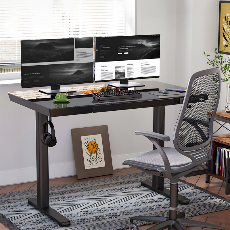 Bureau pour travailler debout, bureau d'ordinateur avec tiroir et charge USB Odbert, Noir, H 46,5 po x l 48 po x P 24 po