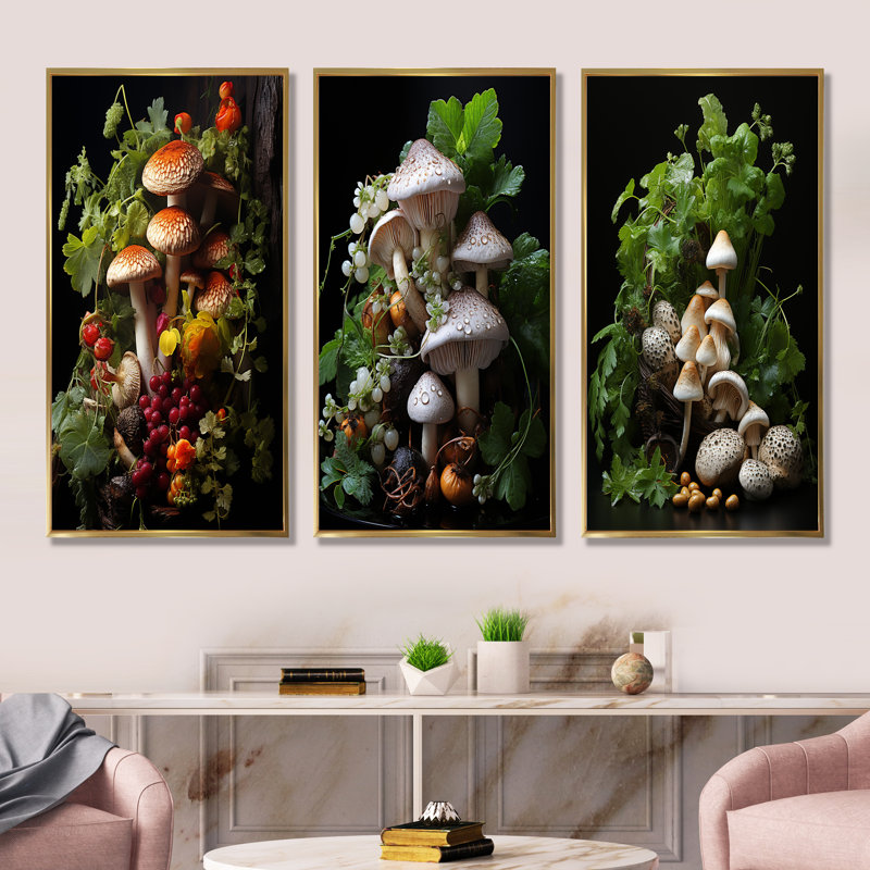 Panier de champignon, peinture I - champignon, art mural, ensemble de 3, Cadre flottant doré, H 28 po x l 36 po