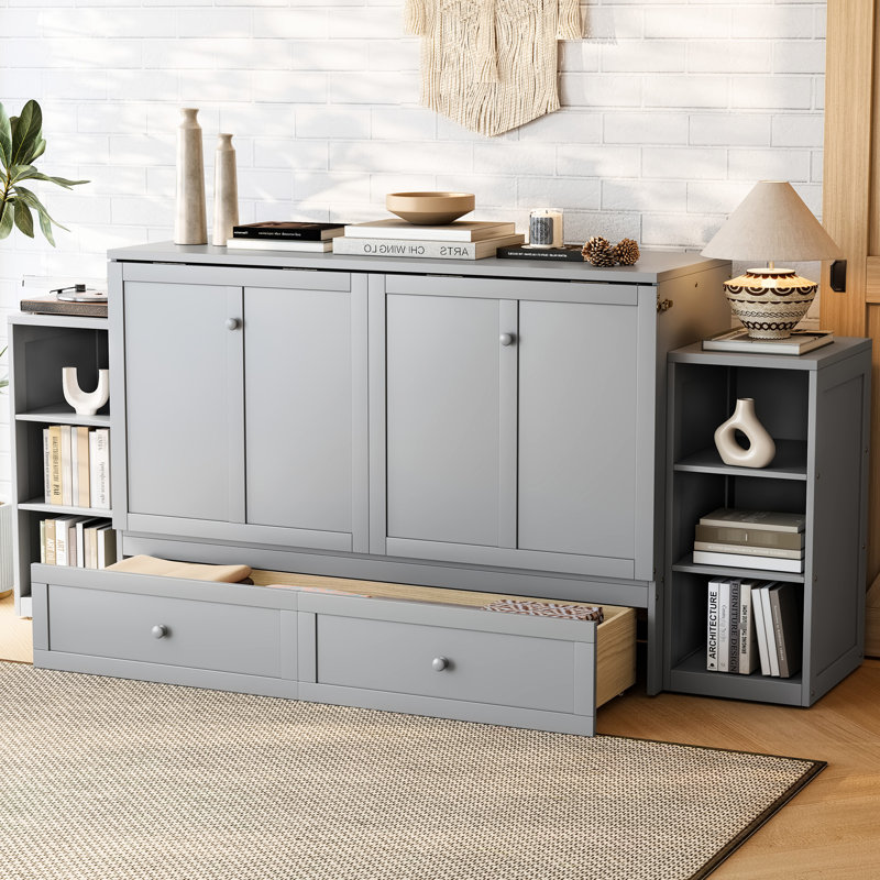 Grand lit en gris, avec tiroirs et tablettes spacieux, parfait pour les chambres compactes, lit gris, espace de construction