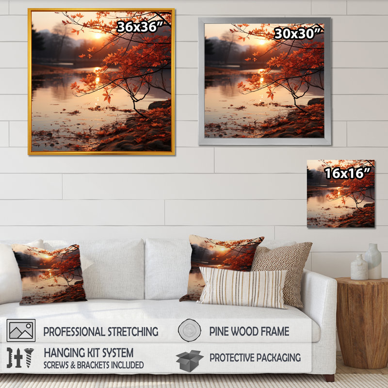 «Autumn Tranquility Lake II - Lake», art mural sur toile, H 30 po x l 30 po x P 1,5 po, Cadre flottant blanc