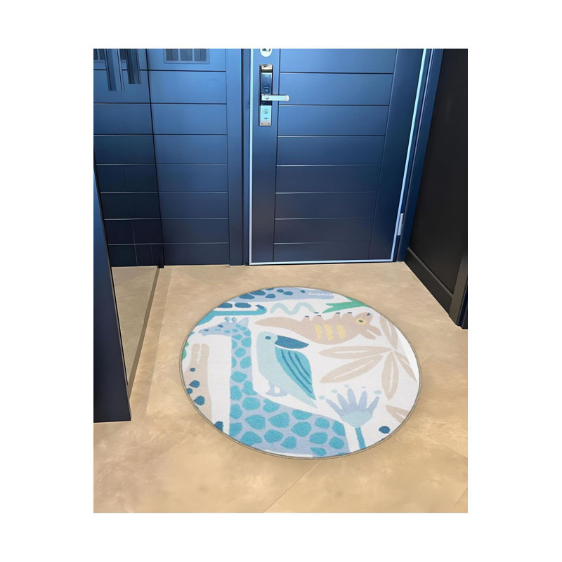 Round Blue Tones Crocodile Giraffe Bird Detailed Woven Base Modern Decorative Machine Washable Rug