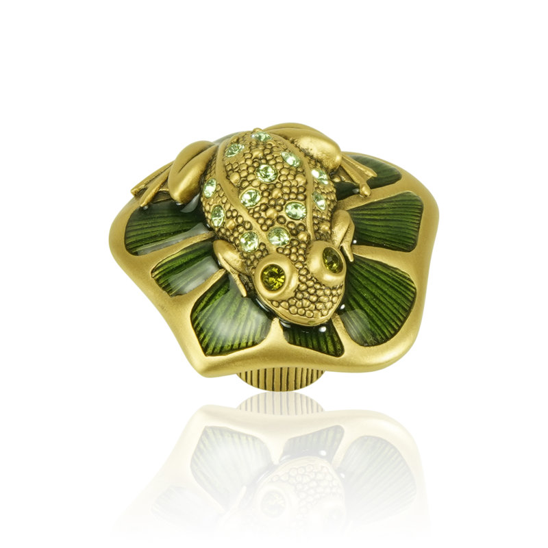 FROG KNOB; WATERCRESS WITH PERIDOT WITH OLIVINE EYES MUSEUM GOLD FINISH