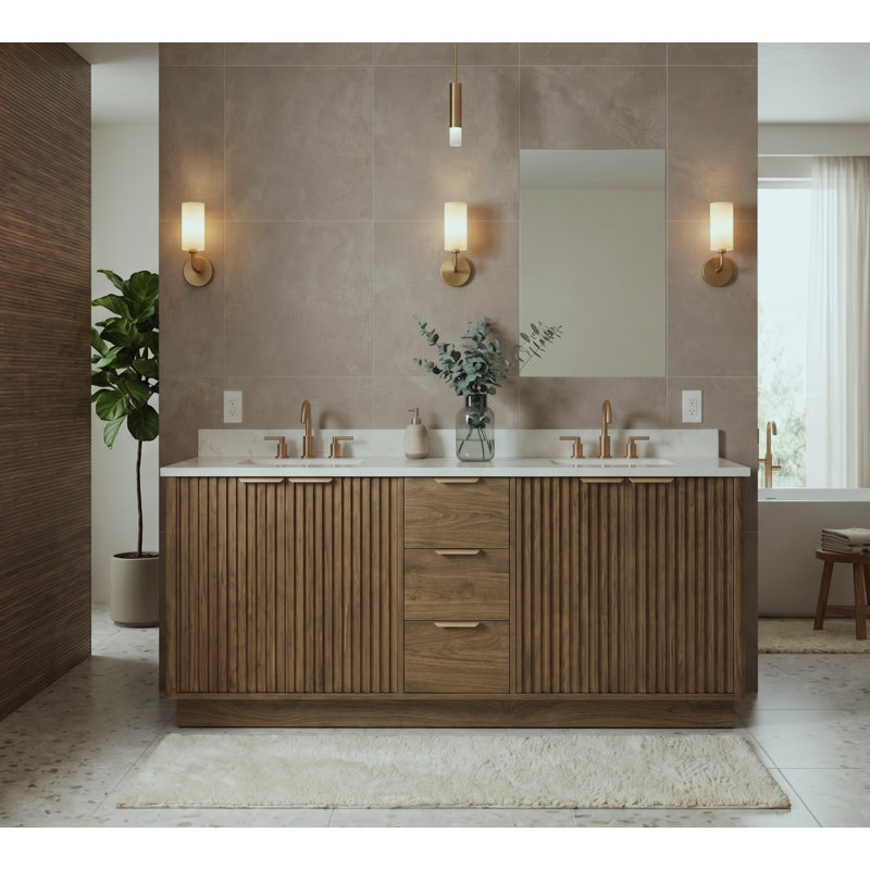 Meuble-lavabo à double cuve 72 "avec comptoir en quartz et lavabos en porcelaine noyer 72", Walnut, 72"