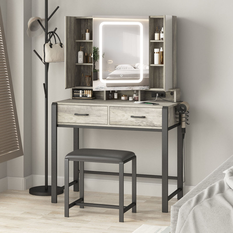 Tri-Fold Mirror Makeup Vanity Table with Lights