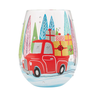 Enesco Lolita Christmas Haul Red Truck Hand-Painted Artisan Stemless Wine Glass 20 oz.