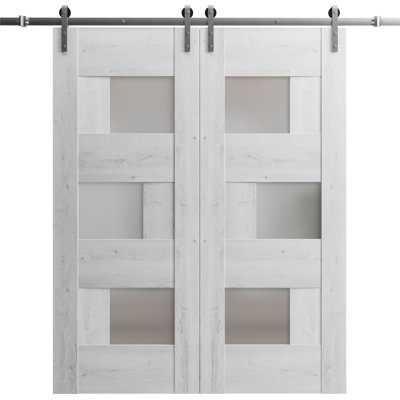 Porte de grange double robuste avec verre dépoli Sete 6933 Blanc nordique Supports de rail de 13 pi Portes intérieures à panneaux solides - 72 po x 84 po (2 x 36 x 84)
