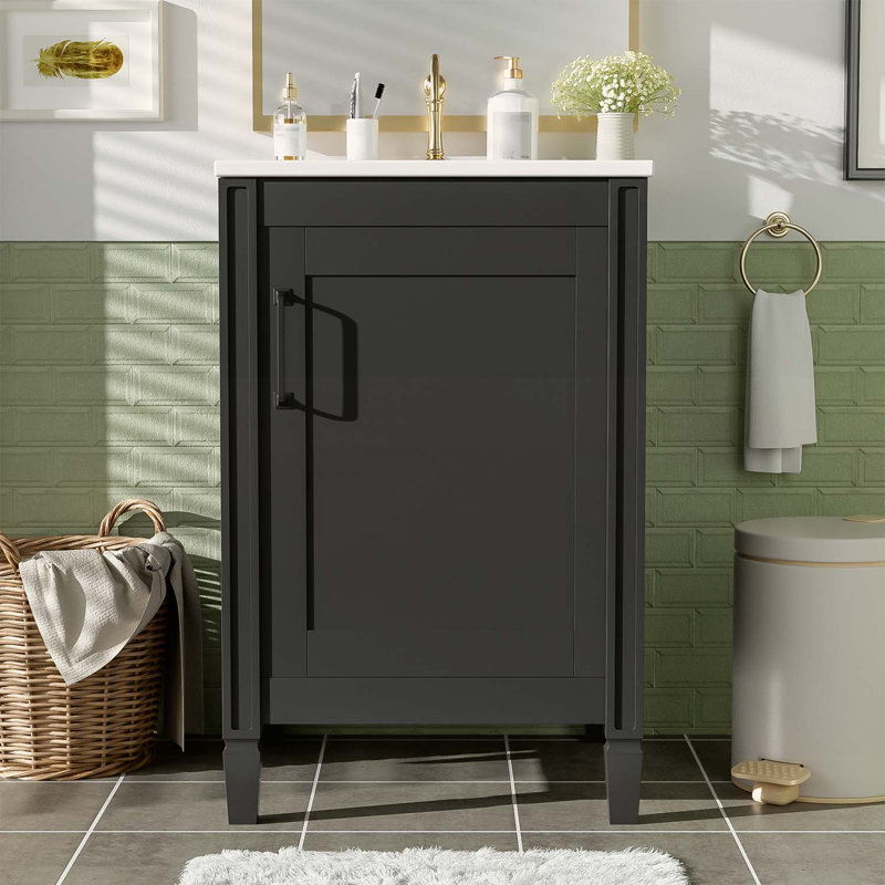 Meuble-lavabo pour salle de bain avec lavabo en céramique et support de rangement pour les petites salles de bain, Noir