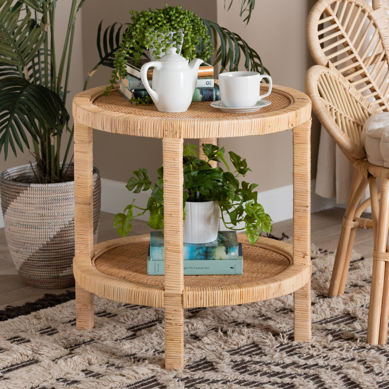 Bella Natural Mahogany Wood and Rattan 2-Tier Round Accent Table