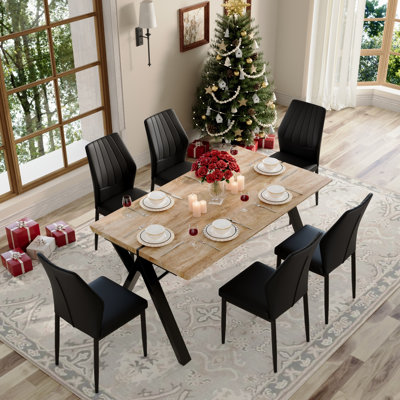 63" Mid-Century Modern Dining Table Set, Thick Wood Top With Upholstered Chairs, Seats 4–6
