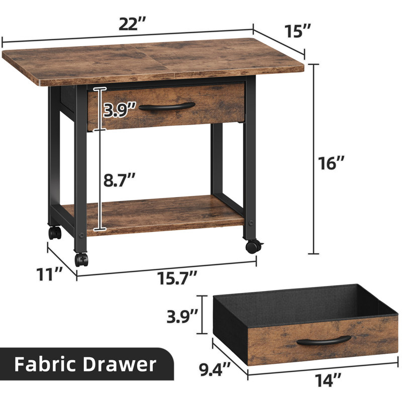 Maycin 22'' Wide Printer Stand with Storage Drawer and Wheels, Brown/Black