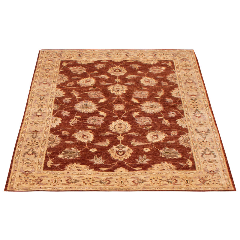 Tapis rouge foncé en laine nouée à la main de conception unique 4 pi 5 po x 6 pi 6 po One-of-a-Kind