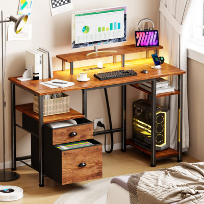 Reversible Gaming Computer Desk with Charging Station, LED Lights, File Cabinet, Monitor Stand & Storage Shelves, Home Office Desk