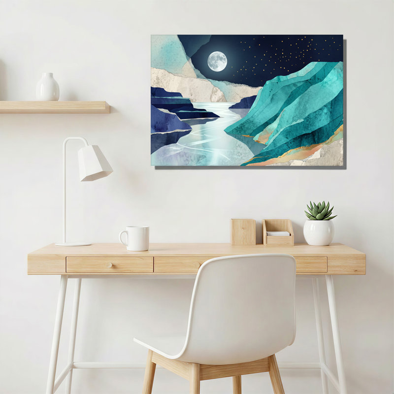 Impression sur toile Layered Blue and Teal Mountain River Under Full Moon, H 36 po x l 48 po